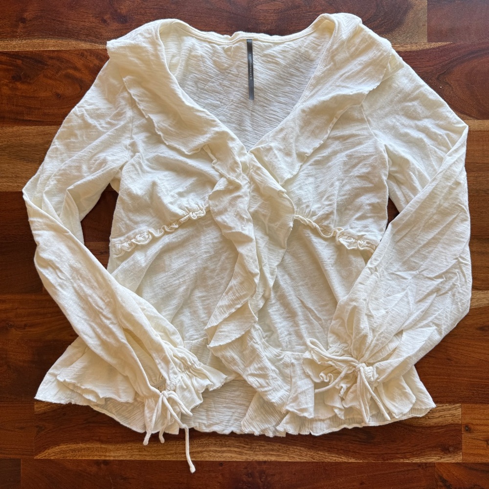 Anthropologie Cream Ruffle-Front Long Sleeve Top